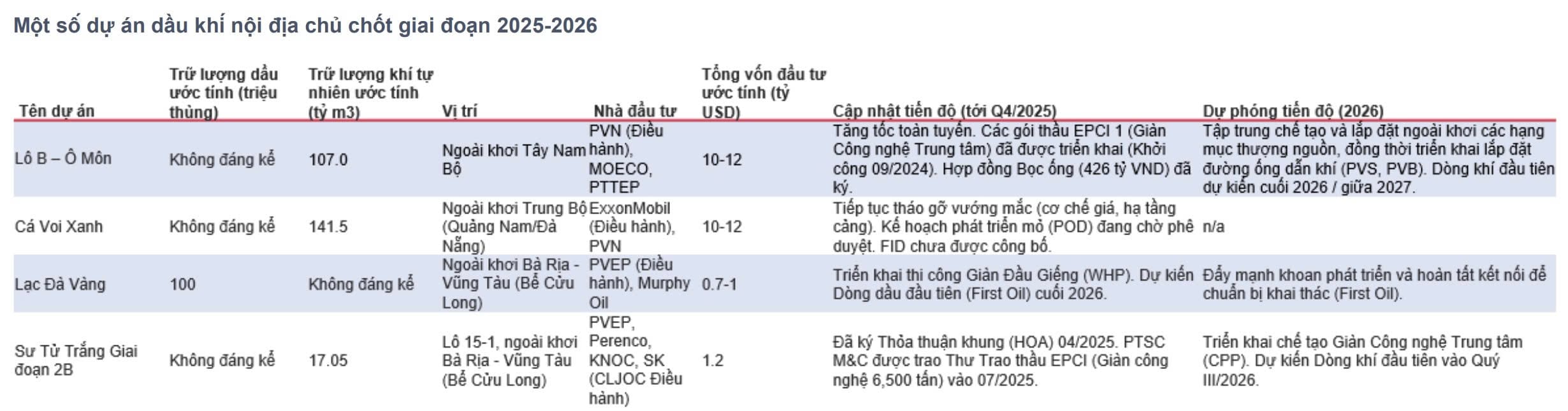 Một số dự án dầu khí nội địa chủ chốt giai đoạn 2025-2026