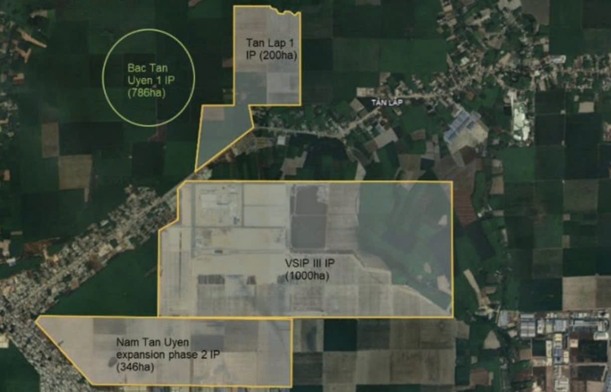 Vị trí các dự án KCN NTC mở rộng 2, Tân Lập I, VSIP III và Bắc Tân Uyên I