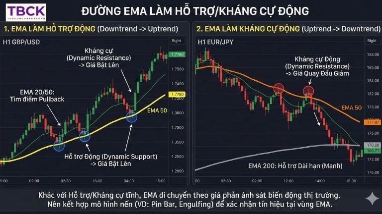 Đường EMA làm động thái hỗ trợ/kháng cự