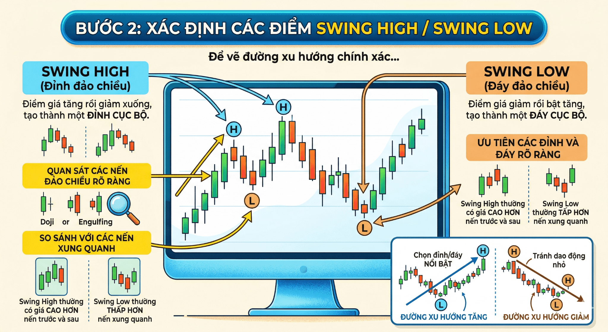 Bước 2: Xác định các điểm swing high / swing low