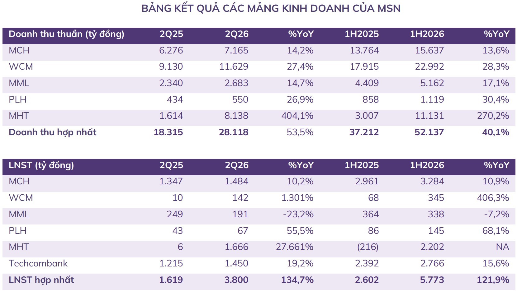 Kết quả kinh doanh từng mảng của MSN